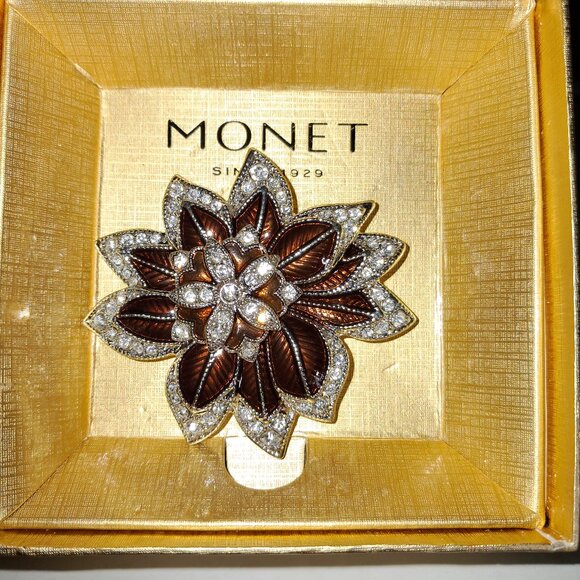 Monet Bronze Enamel Poinsetta Brooch Vintage - Picture 1 of 3